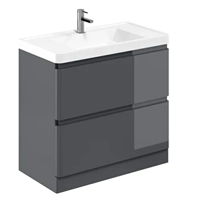 Image of Newbold Anthracite Grey Bathroom Sink Unit Vanity &amp; Resin Basin Floor Standing Storage Cabinet Soft Close Drawers 900mm