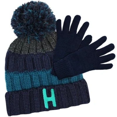 Image of TeddyT&#039;s Personalised Initial Boys Blue Striped Chunky Knitted Bobble Hat &amp; Navy Gloves (5 12 Years)