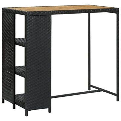Image of vidaXL Bar Table Black Poly Rattan with Solid Acacia Wood Top and Storage Rack Ideal for Home, Garden, Bars, Pubs, Restaurants