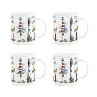 Image of Purely Home Lighthouse Mugs Set Sailing Boating Coastal Seaside Gift Present Tea Coffee White Bone China Mug of 4