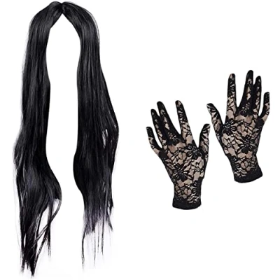 Image of Robelli Long Halloween Witches Wig with Spider Lace Elbow Length Gloves (Black &amp; Grey Wig)