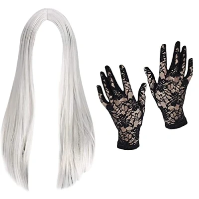 Image of Robelli Long Grey Halloween Witches Wig with Short Black Lace Gloves
