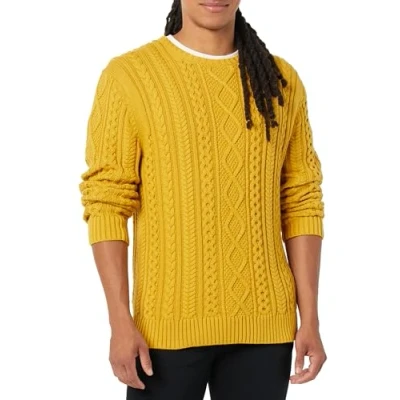 Image of Amazon Essentials Men&#039;s Long Sleeve 100% Cotton Fisherman Cable Crewneck Jumper, Mustard Yellow, XXL