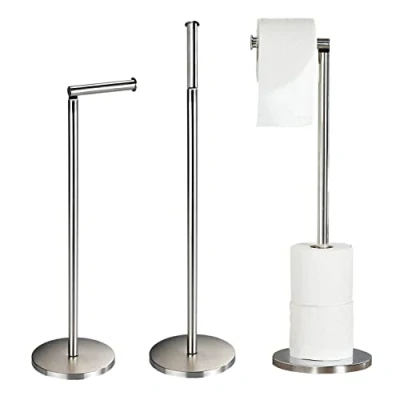 Image of Crystals Toilet Roll Holder Free Standing 2 in 1 Stainless Steel Paper Holder, Upto 4 Storage No Drill Chrome Stand