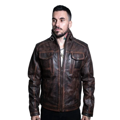 Image of Men&#039;s Racer Vintage Brown 100% Leather Retro Biker Jacket Distressed Motorcycle XL