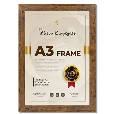 Image of Alison Kingsgate Rustic A3 Frame in Size 30x42cm with Clear Perspex Sheet &amp; Wall Mounted Hook Use for Picture Frames Photo Poster (A3, Rustic)