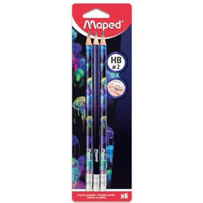 Image of Maped 6 Graphite Pencils HB2 Deepsea Paradise HB with Eraser Tip Ergonomic Triangular Shape Durable Lead