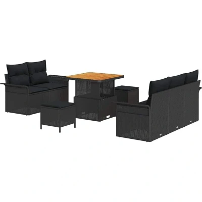 Image of vidaXL 8 Piece Garden Sofa Set with Cushions Black Poly Rattan Acacia