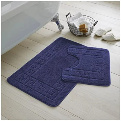 Image of GC GAVENO CAVAILIA Greek Key Pattern Bath Mats 2 Piece Sets Non Slip, Soft Washable Rug Quick Dry Water Absorbent Bathroom Shower Mat &amp; Pedestal Set, Navy