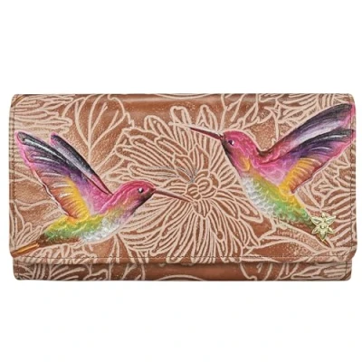 Image of Anuschka Women’s Hand Painted Genuine Leather RFID Blocking Accordion Flap Wallet Tooled Birds Tan