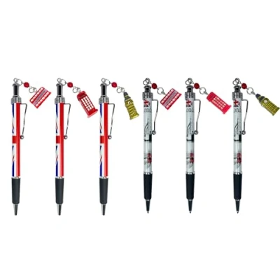 Image of LILAJ Set of 6 London Charm Pens Featuring Union Jack, Bus, Royal Guard, Post Box, and Iconinc Big Ben, Tower Bridge Designs Iconic Landmarks Gift Perfect Collectible British Souvenir