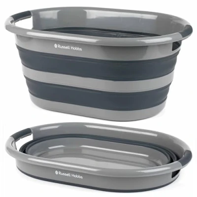 Image of Russell Hobbs COMBO 5142 Set of 2 Collapsible Laundry Baskets Large 27L Clothes Hamper Bin, Silicone Easy Grip Handles, Foldable Space Saving Washing Tub, Portable, Indoor/Outdoor, Camping, Grey