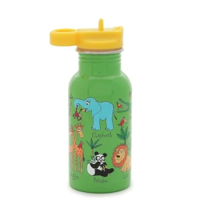 Image of Tyrrell Katz Kids Jungle Printed Drinking Bottle in Green with Straw Stainless Steel Dishwasher Safe Children&#039;s School Water Flask 400 ml