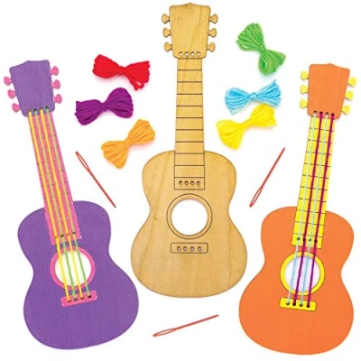 Image of Baker Ross AT812 Guitar Sewing Kits for Beginners Pack of 3, Wooden Craft Kids Arts and Crafts Projects