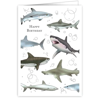 Image of Quire Mac Classic Card Happy Birthday Sharks,Blue/Grey,115x163mm