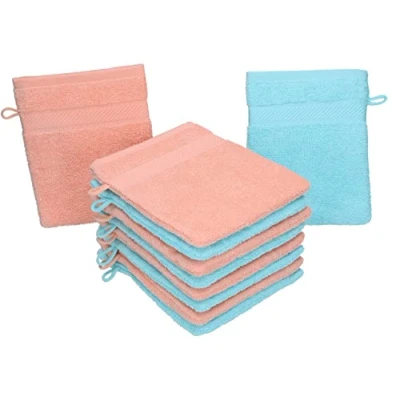 Image of Betz 10 Piece Wash Glove Set Pack of Mitts 5 apricot &amp; turquoise PALERMO Size 16x21 cm 100% Cotton
