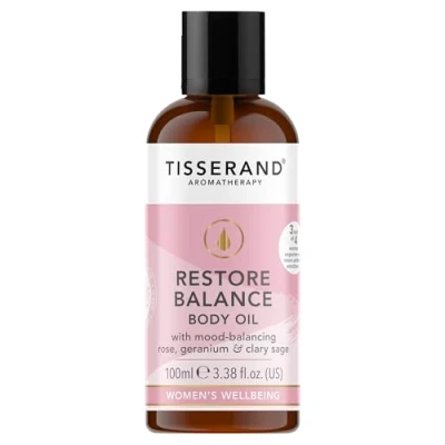 Image of Tisserand Aromatherapy Restore Balance Body Oil Perimenopause, Menopause &amp; Menstruation Support for Women Rose, Clary Sage Geranium 100% Natural Essential Oils 100ml