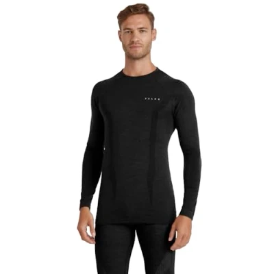 Image of FALKE Men&#039;s Wool Tech Round Neck M L/S SH Functional Yarn Quick Dry 1 Piece Base Layer Top, Black (Black 3000), L