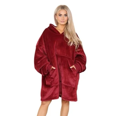 Image of Hooded Blanket with Ultra Soft Sherpa Lining Warm Cosy Oversized Thermal Throw Hoodie (Burgundy)