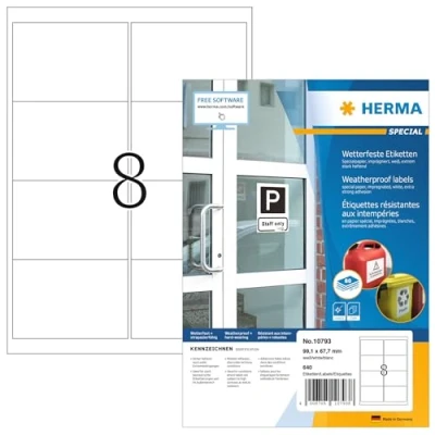 Image of HERMA Self Adhesive Weatherproof Labels, 8 Labels per A4 Sheet, 80 Sheets, 99.1 x 67.7 mm, 640 Weather Resistant Stickers, Sticky of Special Paper for Laser Printer, White