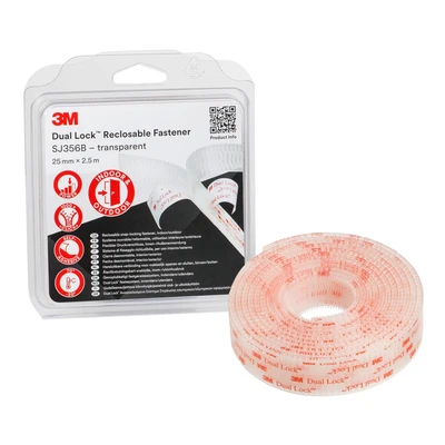 Image of 3M Dual Lock Reclosable Fastener SJ356B designed to give a translucent appearance (glass, acryl glass (PMMA), polycarbonate) 25mm x 2.5m, engaged thickness 5.7mm, (1 Blister Pack)