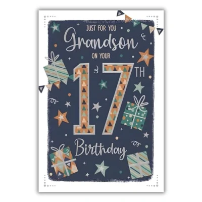 Image of Grandson 17th Birthday Card Age 17 Modern Stars Design Special Finishes and Illustrated Insert Leaf Made in the UK