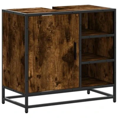 Image of vidaXL Bathroom Sink Cabinet Smoked Oak 65x33x60 cm Engineered Wood &amp; Metal Ample Storage, Industrial Stability