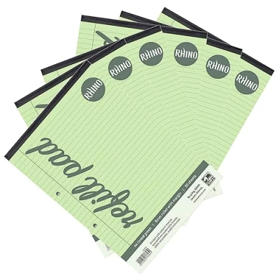 Image of RHINO Green Paper A4 Refill Pad 8mm Lined + Margin 50 Leaf/100 Page / 6 Pack Ideal Writing for Dyslexia &amp; Other SEN