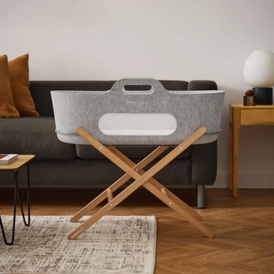 Image of SnuzBaskit, Moses Basket with Mattress &amp; Stand, Lightweight Bassinet Set for Newborn Babies aged Up To 6 Months, Stylish Versatile Design Home or Travel, Light Grey Natural