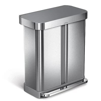 Image of simplehuman 58L (34/24) Rectangular Recycling Double Kitchen Pedal Bin with Liner Pocket, Silent Soft Close Lid, Strong Wide Pedal, Dent proof Brushed Stainless Steel Grey Plastic Lid CW2209