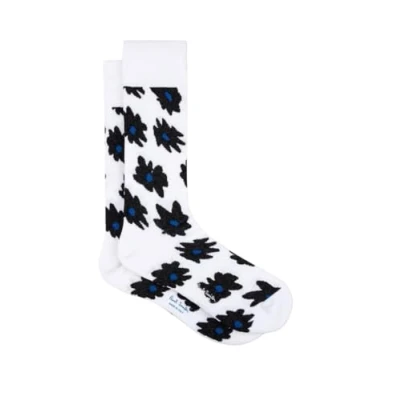 Image of Paul Smith White Big Flower Socks Floral Black Blue. One Size