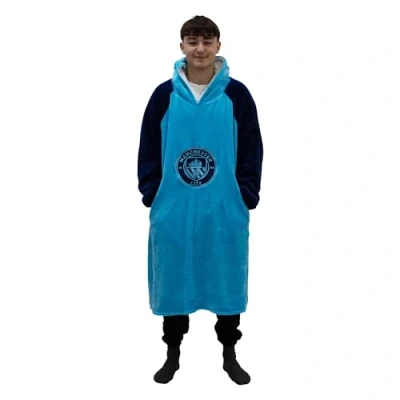 Image of MANCHESTER CITY FC Hugzee Oversized Wearable Hooded Fleece Super Warm and Cosy Premium Sherpa Lined, Design Perfect For Teens, Women Men, One Size Suggested Height 110cm+ Blue, Character World