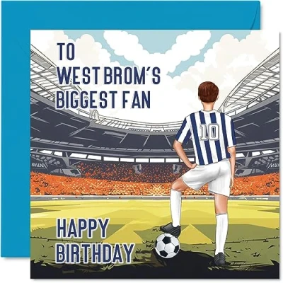 Image of Football Birthday Card for West Brom Fans Biggest Fan Fun Happy Son Dad Brother Uncle Colleague Friend Cousin, 145mm x Footy Footie Bday Greeting Cards