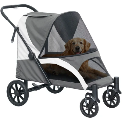 Image of PawHut Dog Stroller, Easy Folding Pet Stroller for Large Dogs, Pram Pushchair with 4 Big Wheels, Shock Absorb Frame, Safety Leashes, Brakes, Dark Grey