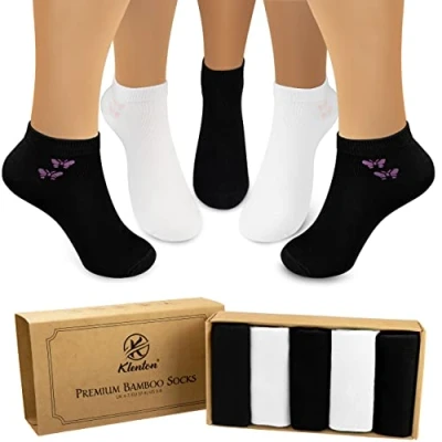 Image of Womens Trainer Bamboo socks, Low Cut Ladies Casual Ankle Socks with Smooth Toe Seam, Breathable Sneaker in Planet Friendly Packaging, Pack of 5, Size UK 4 7 (Black &amp; White)
