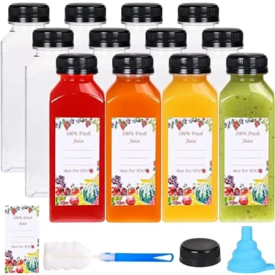 Image of KAHEIGN 12Pcs Plastic Juice Bottles with Tamper Caps, 12oz /360ml Empty Clear Beverage Containers Reusable Water Lids, Label, Funnel and Brush for Smoothie Milk Homemade Beverages