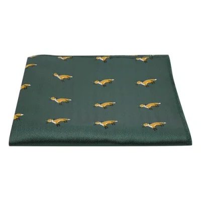 Image of King &amp; Priory Dark Green Herringbone Embroidered Fox Pocket Square, Handkerchief