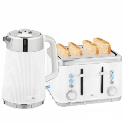 Image of 1.7L 3000W Rapid Boil Kettle and 4 Slice Toaster Set Crumb Tray White Homcom