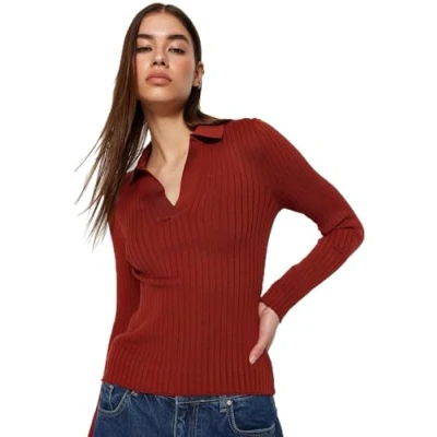 Image of Trendyol FeMan Slim fit Basic Polo Neck Knitwear Sweater,Dried Rose,M