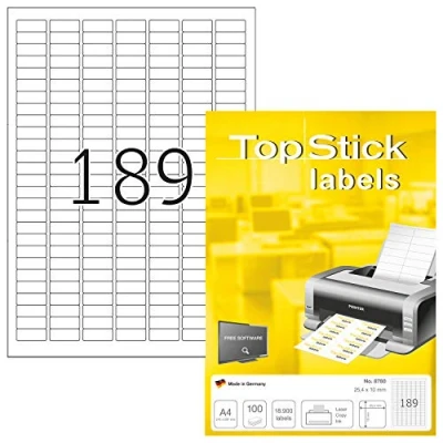 Image of TopStick Self Adhesive Multipurpose Labels, 189 Labels per A4 Sheet, 100 Sheets, 25.4 x 10 mm, 18900 Blank Universal Stickers, Sticky for Laser &amp; Inkjet Printer, White