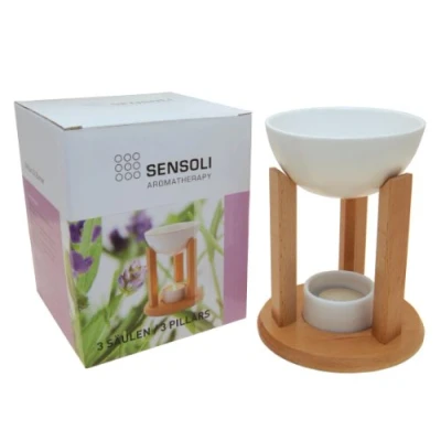 Image of SENSOLI 3 Pillar Oil Burner Solid Wood with Large Ceramic Bowl to Diffuse Essential Oils and Wax Melts
