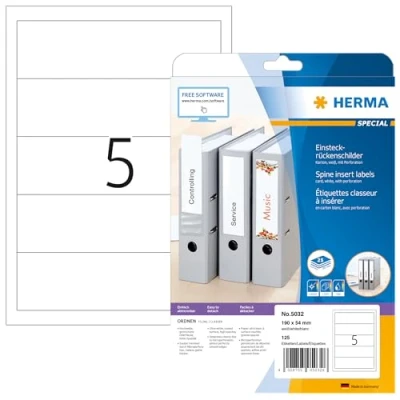 Image of HERMA Spine Inserts with Micro Perforation, 5 Labels per A4 Sheet, 25 Sheets, 190 x 54 mm, 125 Labels, Blank Lever Arch File Folder Insert Card for Laser &amp; Inkjet Printer, White