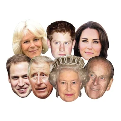 Image of STAR CUTOUTS SMP1 Royal Family Seven Pack Assorted (Queen, Phillip, William, Harry, Kate, Charles &amp; Camilla) Mask, One Size