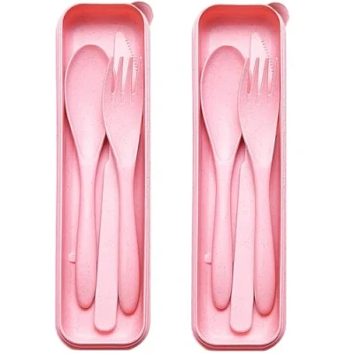 Image of Portable Cutlery Set with Case, 2 Sets Reusable Plastic Knife Fork Spoon Tableware Set, Travel Utensils for Camping Picnic Office School or Daily Use (Pink)