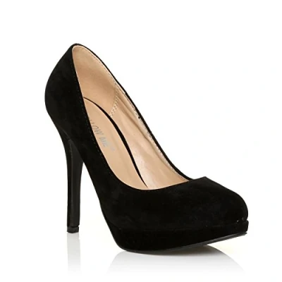 Image of Womens High Heel Platform Party Work Smart Office Courts Shoes Ladies Round Toe Prom Wedding Bridal Occasion Heeled Classic Court Stiletto Heels Pumps Black Suede