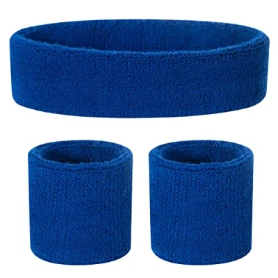 Image of ONUPGO Kids Sweatbands Headband Wristband Set Athletic Cotton Sweat Band for Sports (1 + 2 Wristbands) (Blue)