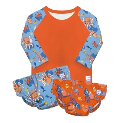 Image of Bambino Mio, Revolutionary Reusable Swim Set 2 Nappies and Rash Top, Baby Toddler, Sun Protection UPF40+, Wave Patrol, 3 Years