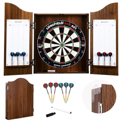 Image of Engelhart 065016 Wooden Dart Cabinet + Sisal Dartboard 2 Sets of 18 g Darts (Brown)