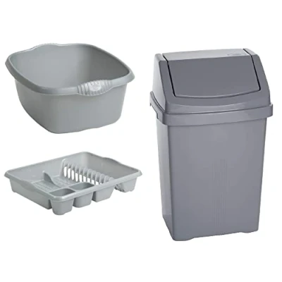 Image of 50L Kitchen Bin, Large Dish Drainer and Rectangular Washing Up Bowl Plastic Home/Office/Kitchen (Silver/Grey) Set of 3