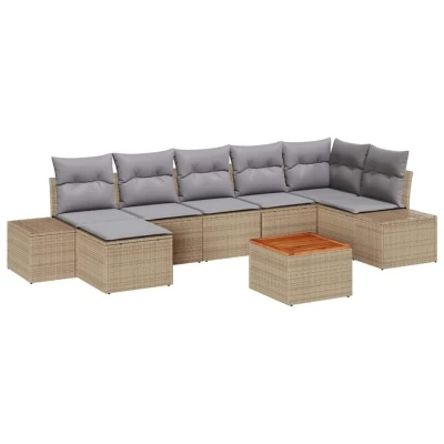 Image of vidaXL 8 Piece Garden Sofa Set with Cushions Beige Poly Rattan Acacia